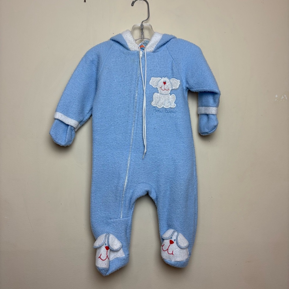 Vintage Carters Fleece Footie bodysuit Pajamas With Hood Bow WOW Dog Doggie